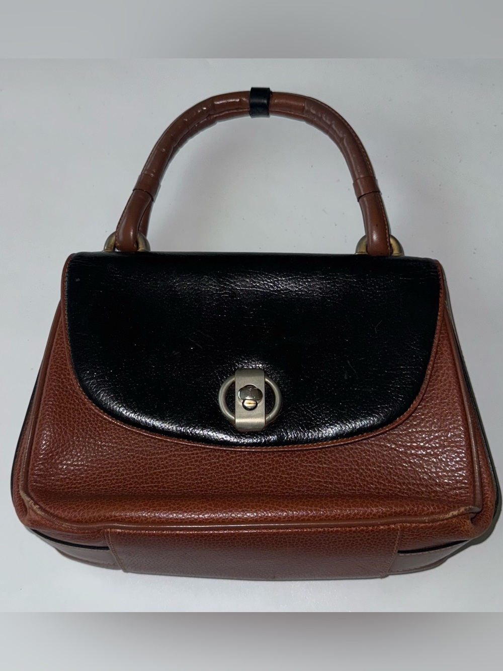 Vintage BALLY Two Tone Leather Handbag Top Handle Satchel Purse